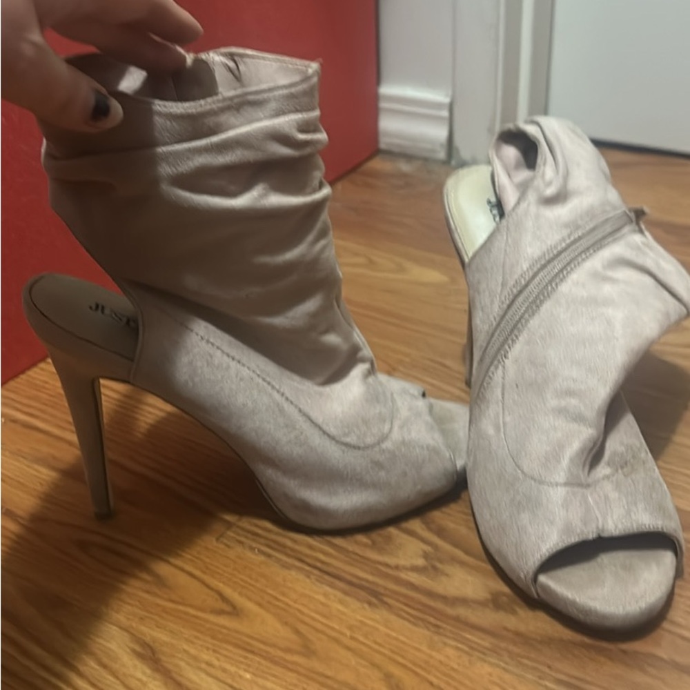 JustFab Tan Heeled Boots with Peep-Toe Design